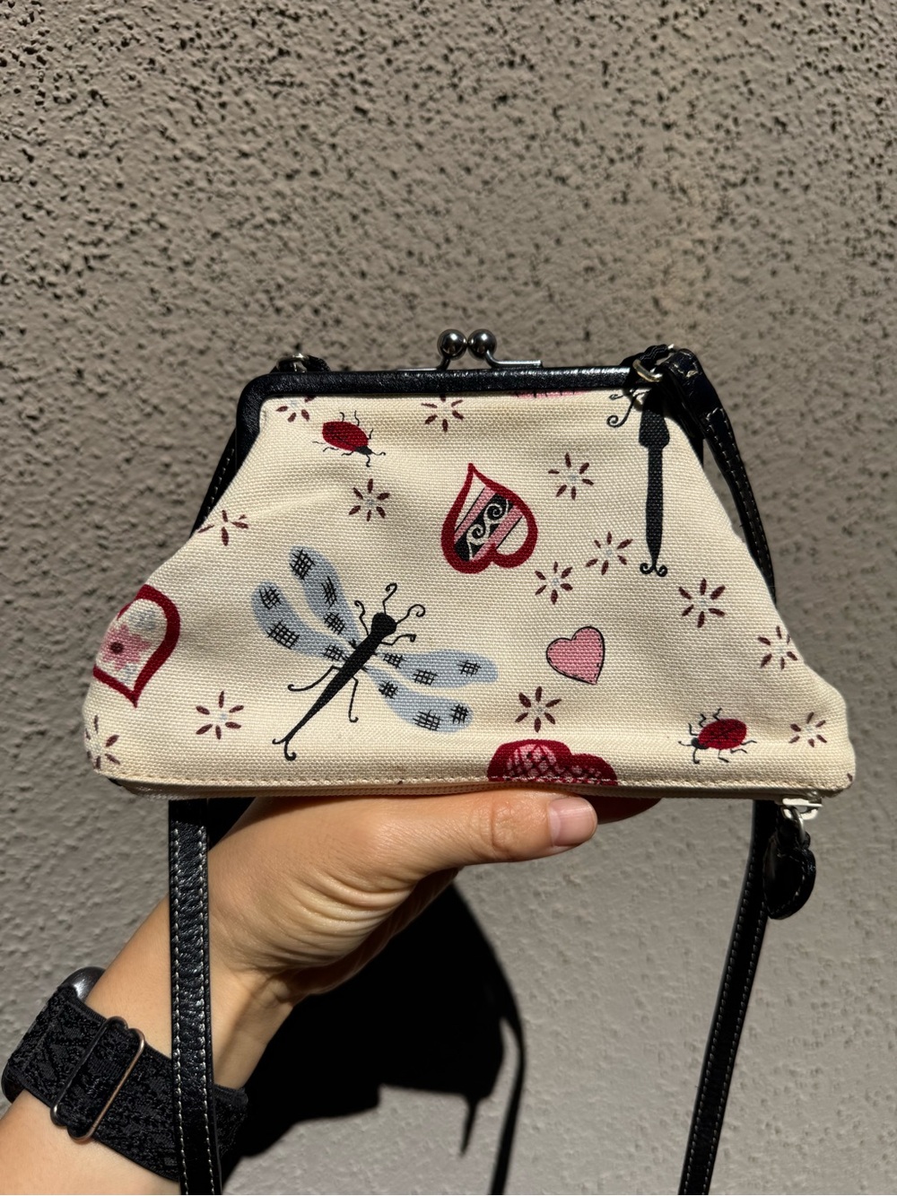 Brighton Dragonfly, Heart, and Ladybug Print Canvas Mini Crossbody Purse